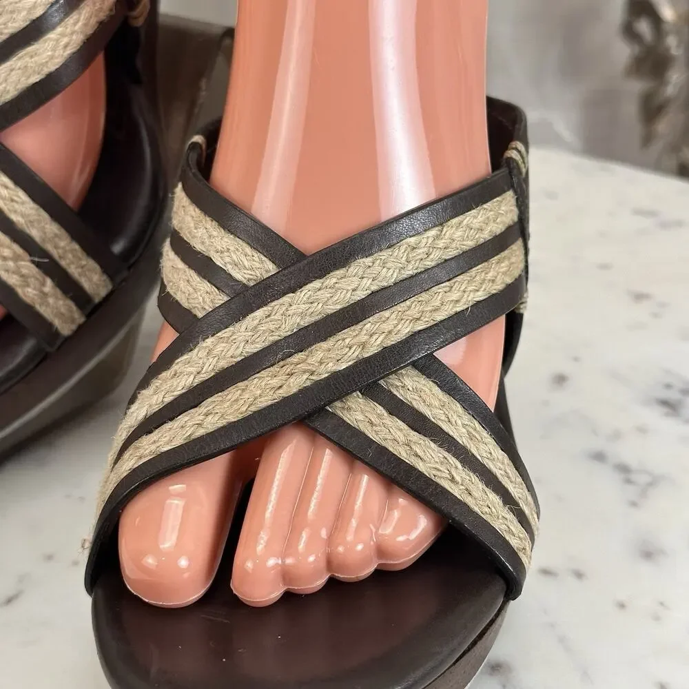 Cole Haan Brown Leather Raffia Woven Straps Wooden Platform Block‎ Heel Sandals